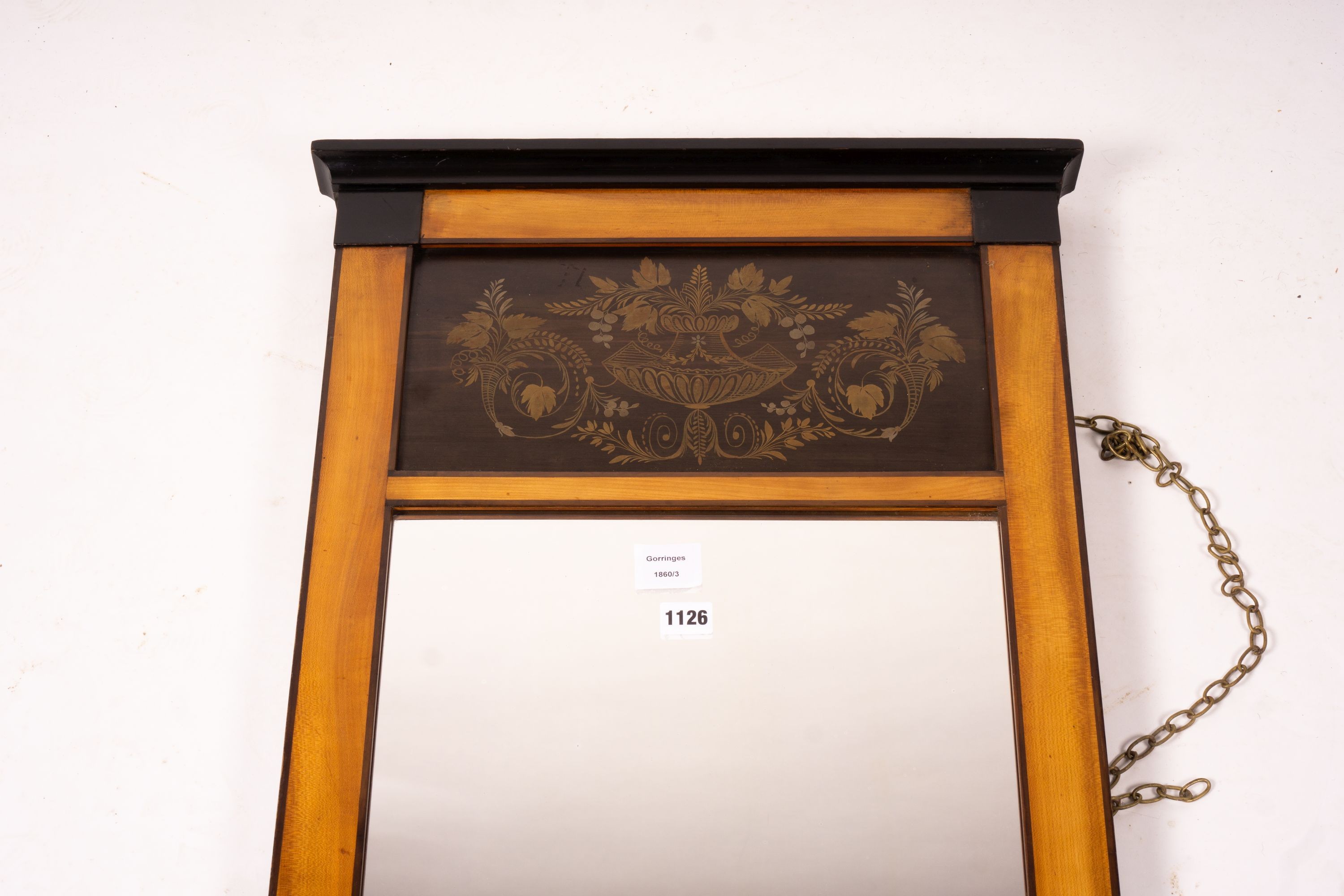 A Biedermeier style mirror with stencil decoration, width 51cm, height 109cm